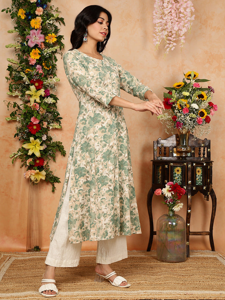 Cotton Flex Calf Length Printed A-Line 3/4 Sleeves Round Kurta