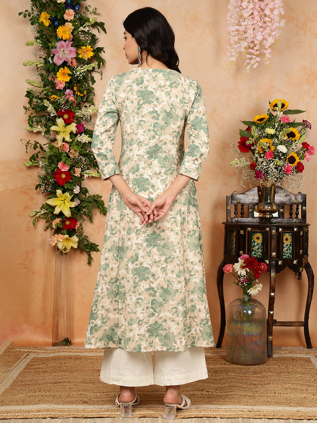 Cotton Flex Calf Length Printed A-Line 3/4 Sleeves Round Kurta