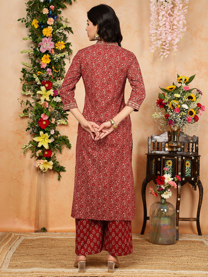 Cotton Calf Length Printed Straight 3/4 Sleeves V-Neck Kurta, Bottom With Dupatta