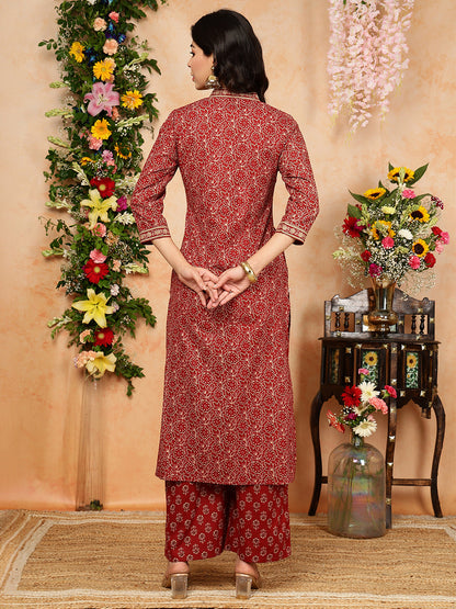 Cotton Calf Length Printed Straight 3/4 Sleeves V-Neck Kurta, Bottom With Dupatta (Preorder)