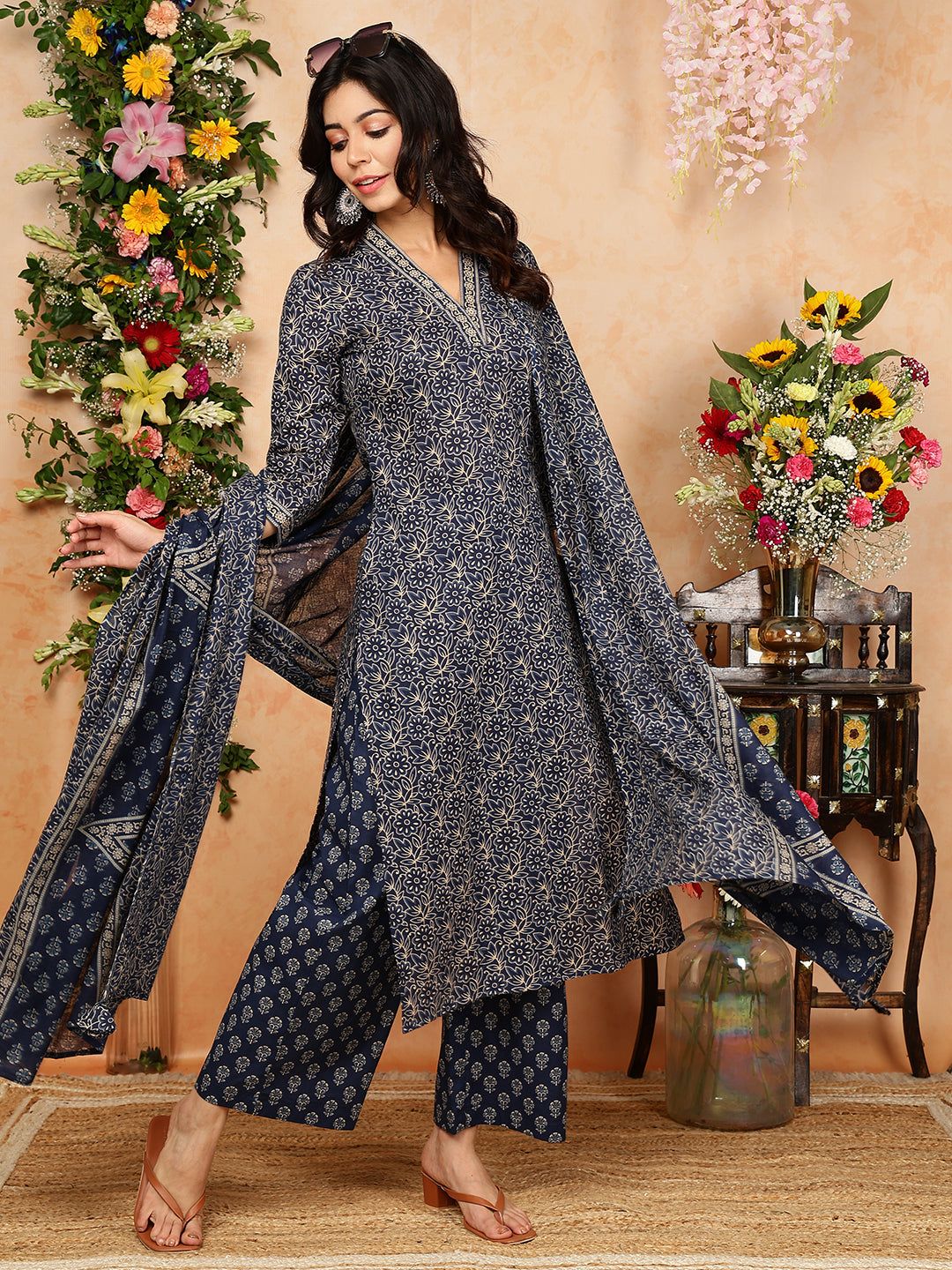 Cotton Calf Length Printed Straight 3/4 Sleeves V-Neck Kurta, Bottom With Dupatta (Preorder)