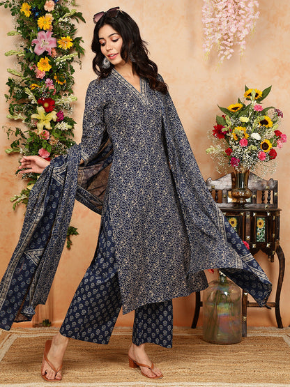 Cotton Calf Length Printed Straight 3/4 Sleeves V-Neck Kurta, Bottom With Dupatta (Preorder)