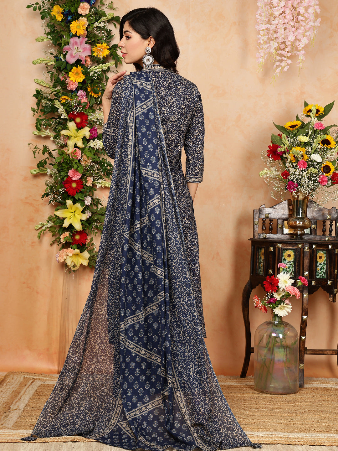 Cotton Calf Length Printed Straight 3/4 Sleeves V-Neck Kurta, Bottom With Dupatta (Preorder)