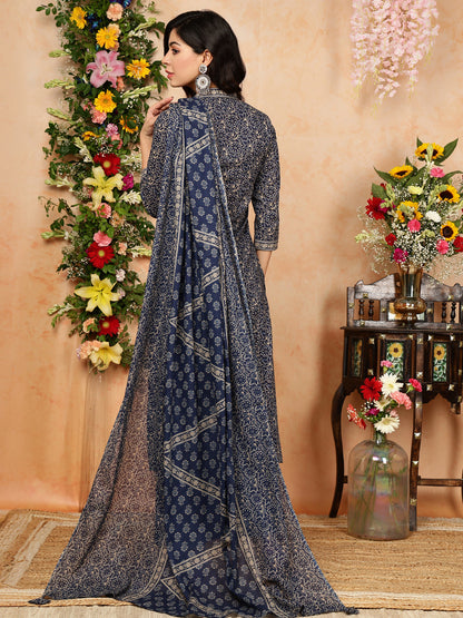 Cotton Calf Length Printed Straight 3/4 Sleeves V-Neck Kurta, Bottom With Dupatta (Preorder)