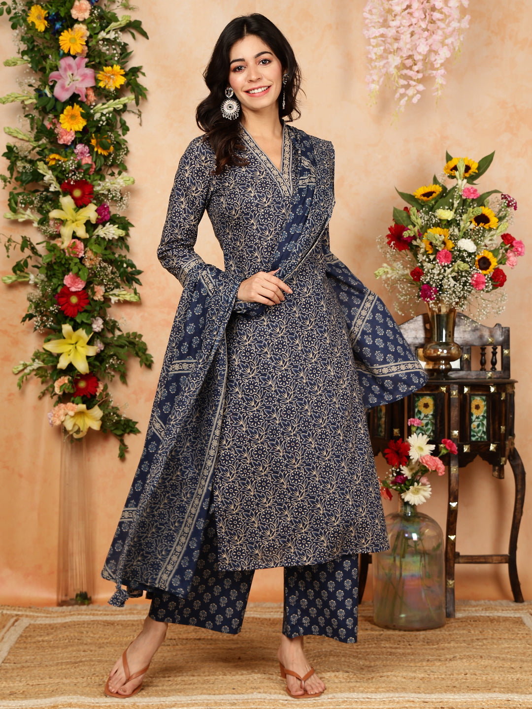 Cotton Calf Length Printed Straight 3/4 Sleeves V-Neck Kurta, Bottom With Dupatta (Preorder)