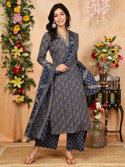 Cotton Calf Length Printed Straight 3/4 Sleeves V-Neck Kurta, Bottom With Dupatta (Preorder)
