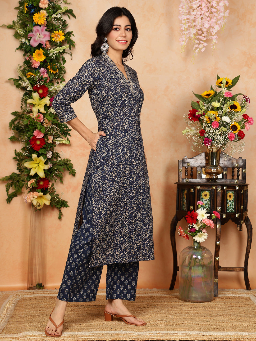 Cotton Calf Length Printed Straight 3/4 Sleeves V-Neck Kurta, Bottom With Dupatta (Preorder)