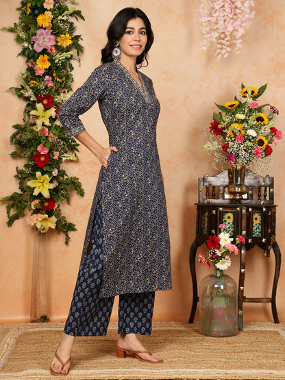 Cotton Calf Length Printed Straight 3/4 Sleeves V-Neck Kurta, Bottom With Dupatta (Preorder)
