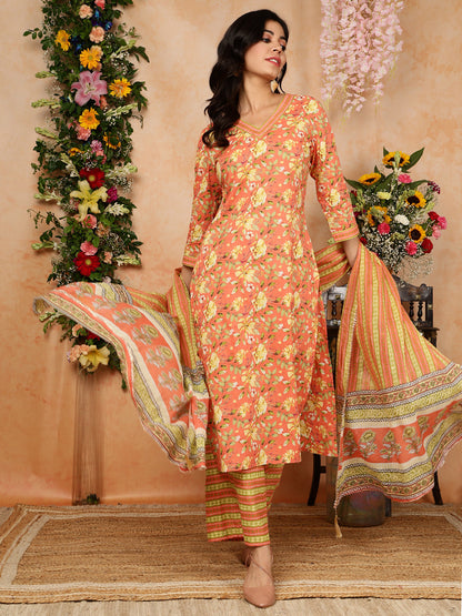 Cotton Calf Length Printed Straight 3/4 Sleeves V-Neck Kurta, Bottom With Dupatta