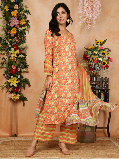 Cotton Calf Length Printed Straight 3/4 Sleeves V-Neck Kurta, Bottom With Dupatta