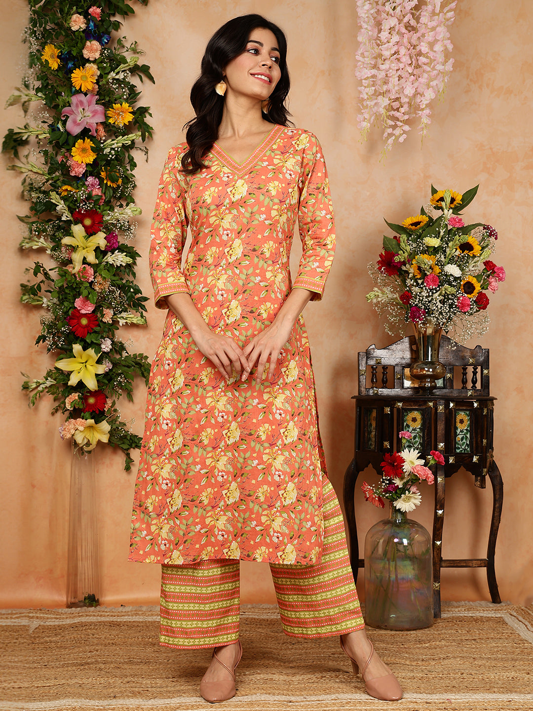 Cotton Calf Length Printed Straight 3/4 Sleeves V-Neck Kurta, Bottom With Dupatta