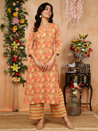 Cotton Calf Length Printed Straight 3/4 Sleeves V-Neck Kurta, Bottom With Dupatta