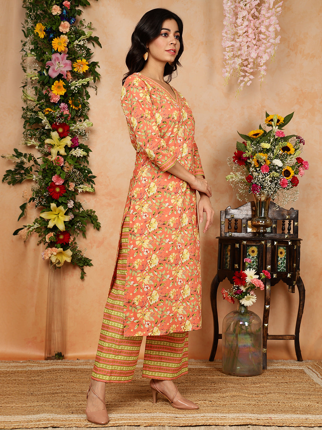 Cotton Calf Length Printed Straight 3/4 Sleeves V-Neck Kurta, Bottom With Dupatta