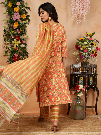 Cotton Calf Length Printed Straight 3/4 Sleeves V-Neck Kurta, Bottom With Dupatta