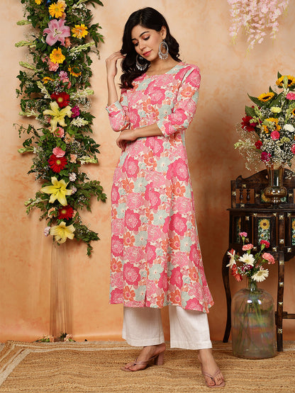 Cotton Flex Calf Length Printed A-Line 3/4 Sleeves Round Kurta (Preorder)