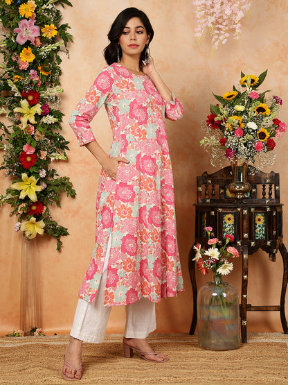 Cotton Flex Calf Length Printed A-Line 3/4 Sleeves Round Kurta (Preorder)