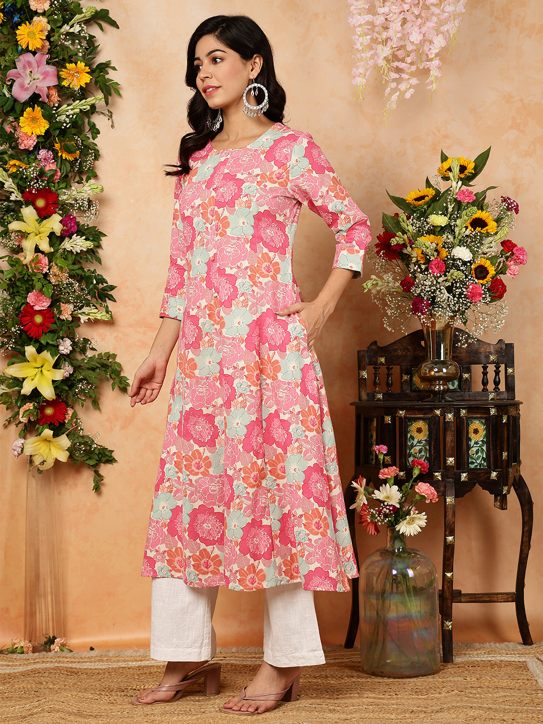 Cotton Flex Calf Length Printed A-Line 3/4 Sleeves Round Kurta (Preorder)