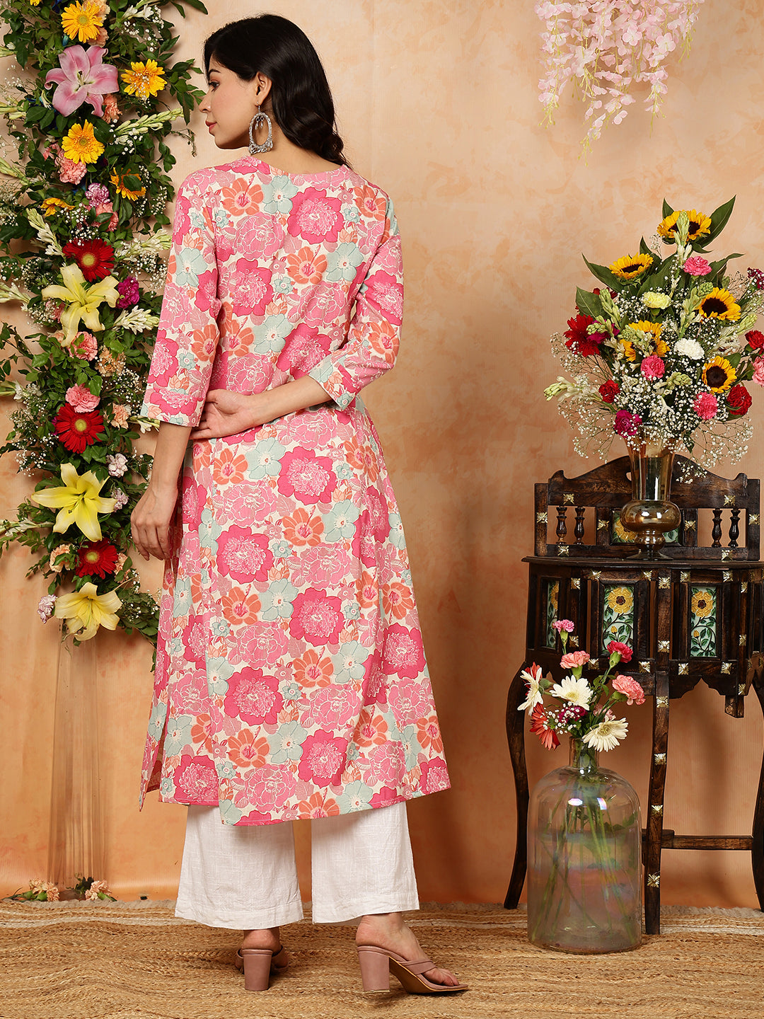 Cotton Flex Calf Length Printed A-Line 3/4 Sleeves Round Kurta (Preorder)