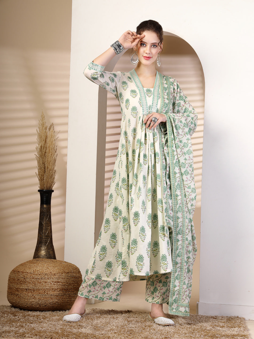 Cotton Calf Length Printed Flared 3/4 Sleeves V Neck Kurta, Bottom With Dupatta (Preorder)