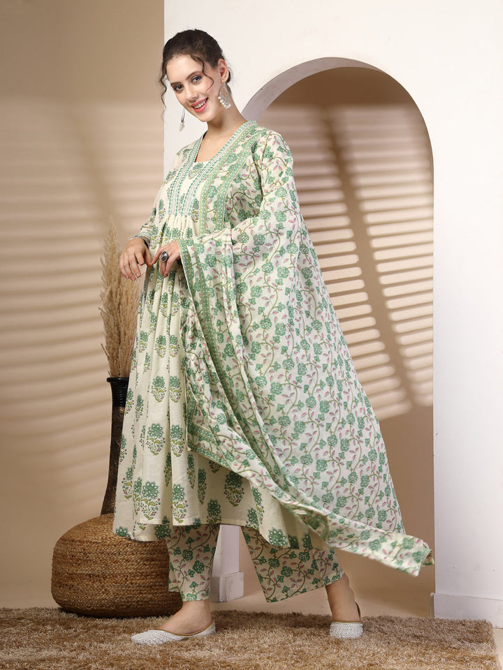 Cotton Calf Length Printed Flared 3/4 Sleeves V Neck Kurta, Bottom With Dupatta