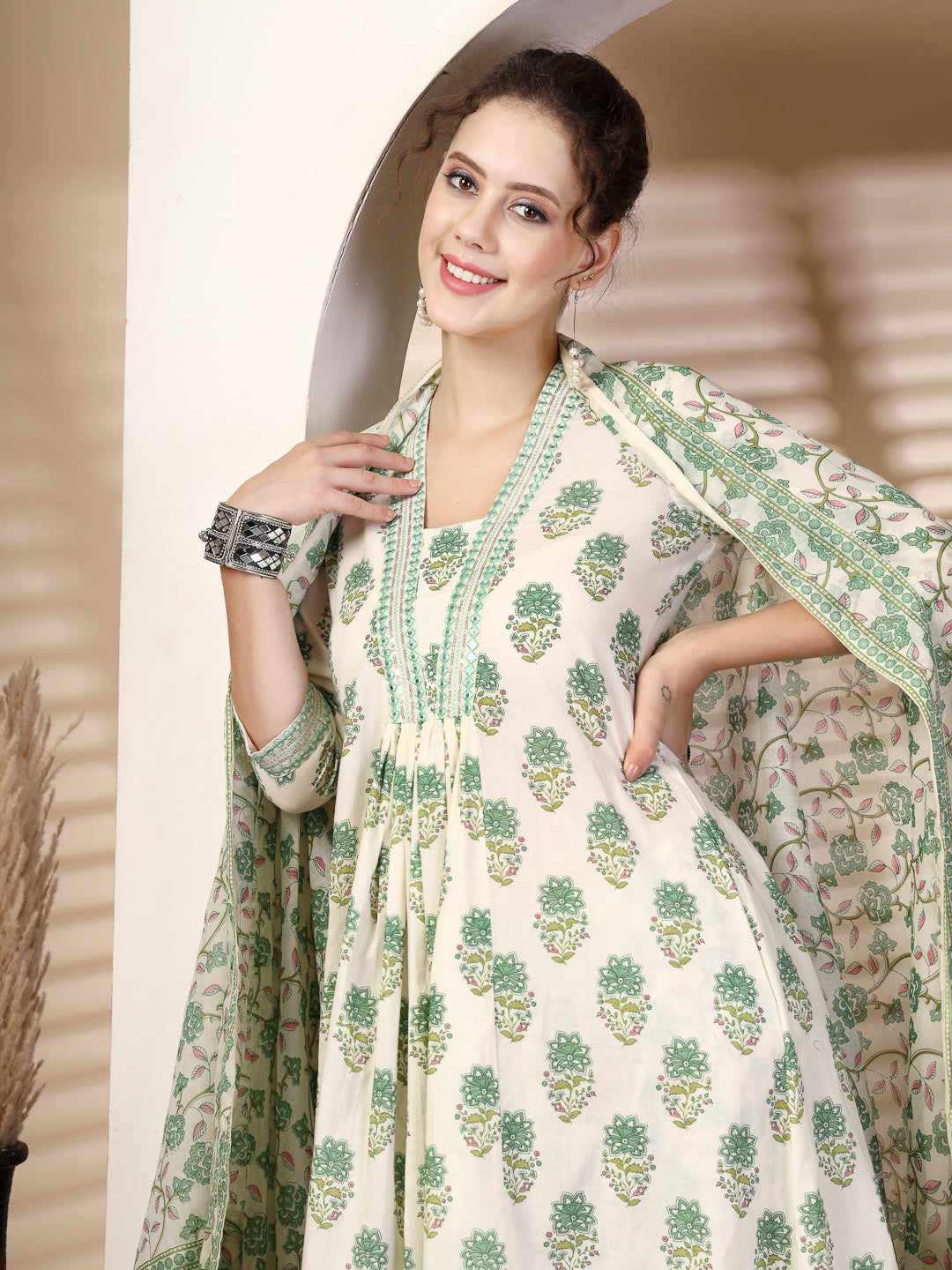 Cotton Calf Length Printed Flared 3/4 Sleeves V Neck Kurta, Bottom With Dupatta