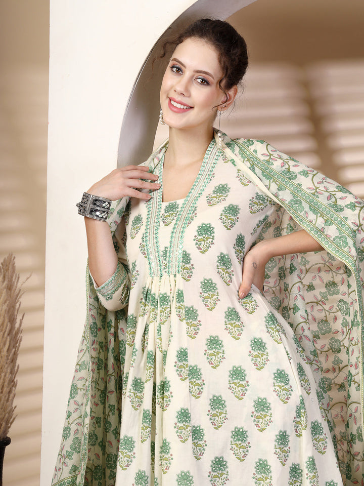 Cotton Calf Length Printed Flared 3/4 Sleeves V Neck Kurta, Bottom With Dupatta