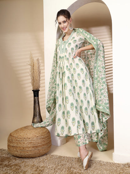 Cotton Calf Length Printed Flared 3/4 Sleeves V Neck Kurta, Bottom With Dupatta