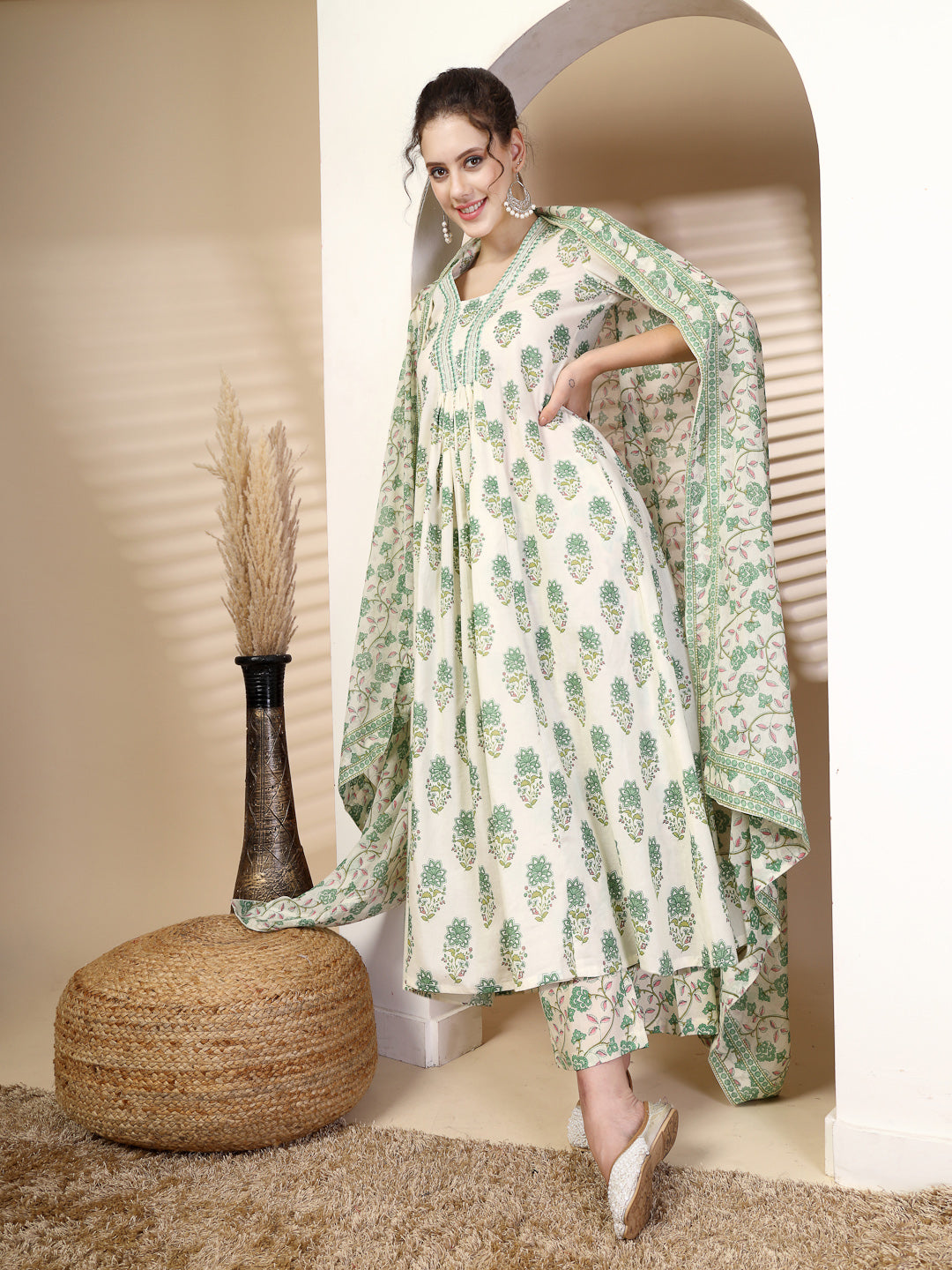 Cotton Calf Length Printed Flared 3/4 Sleeves V Neck Kurta, Bottom With Dupatta (Preorder)