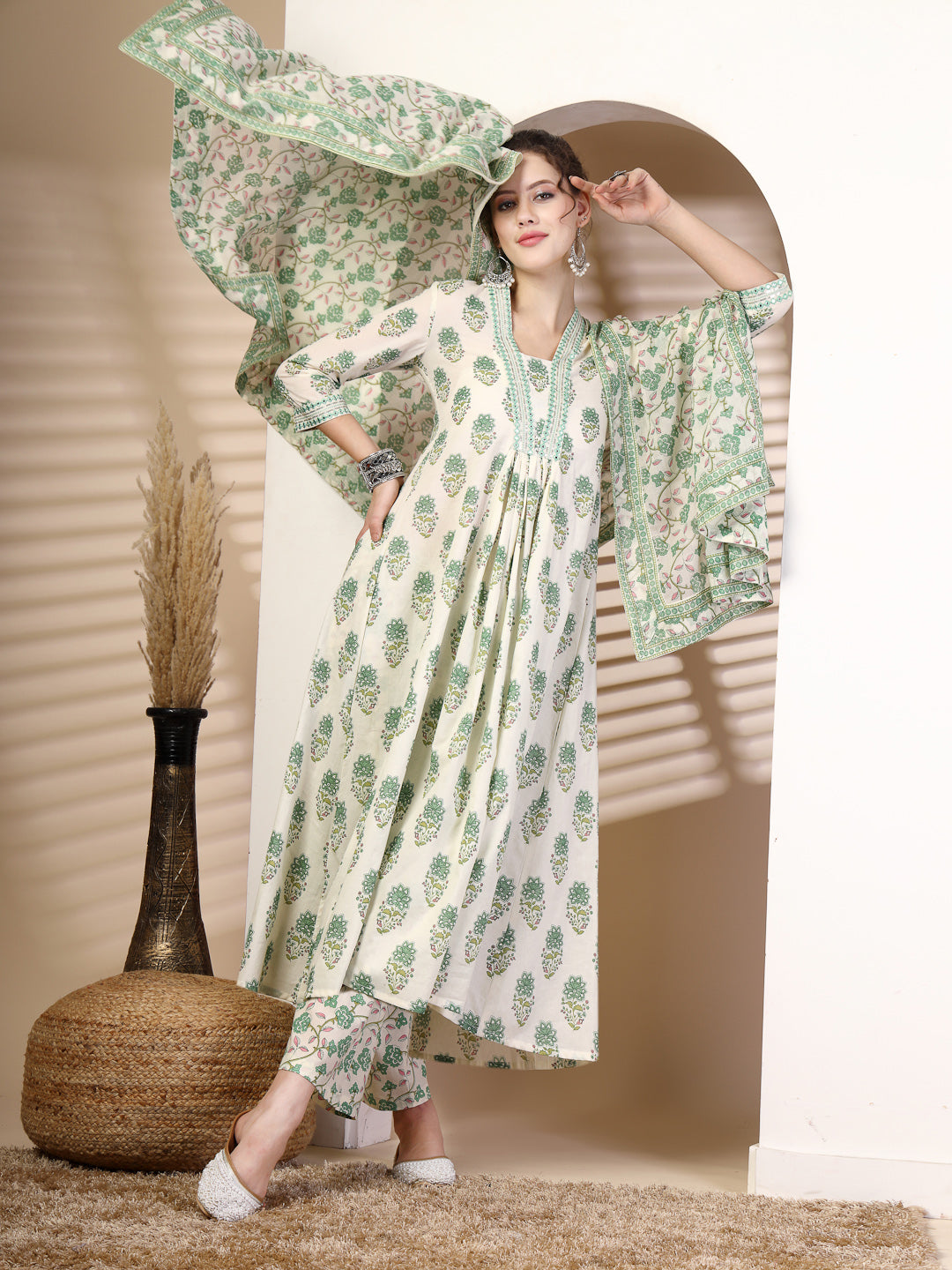 Cotton Calf Length Printed Flared 3/4 Sleeves V Neck Kurta, Bottom With Dupatta