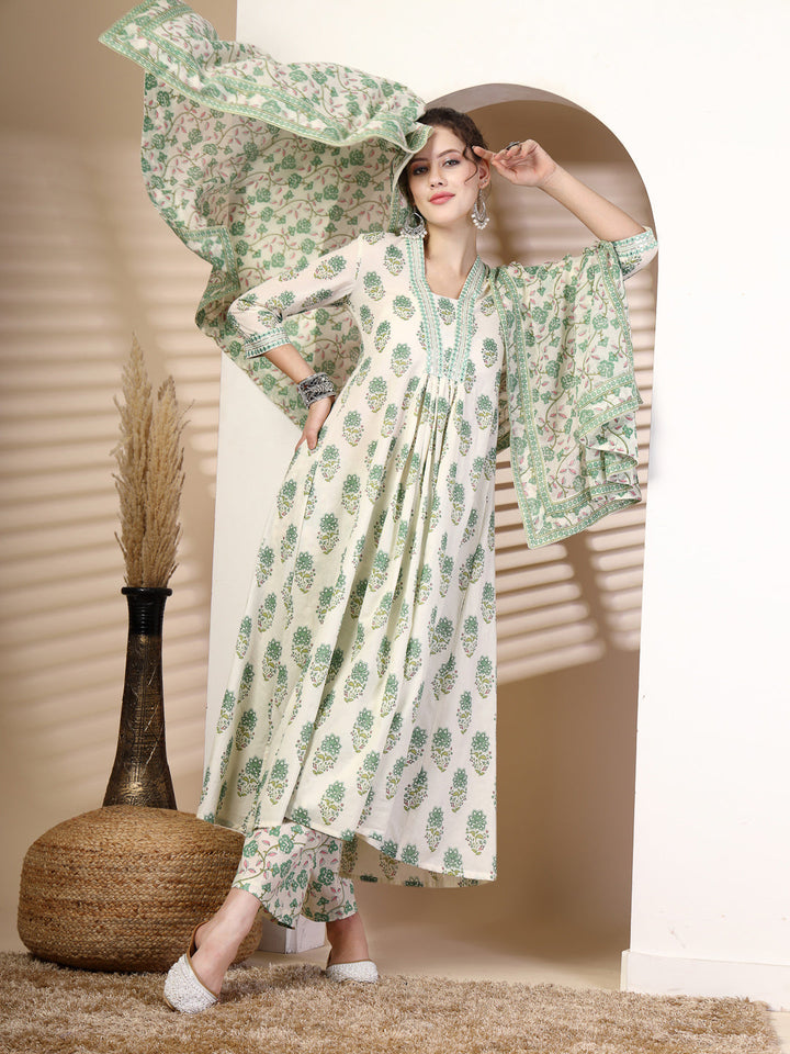 Cotton Calf Length Printed Flared 3/4 Sleeves V Neck Kurta, Bottom With Dupatta