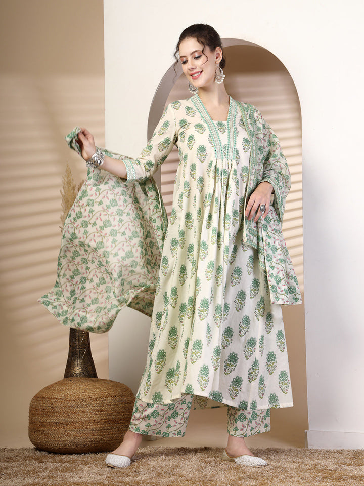 Cotton Calf Length Printed Flared 3/4 Sleeves V Neck Kurta, Bottom With Dupatta