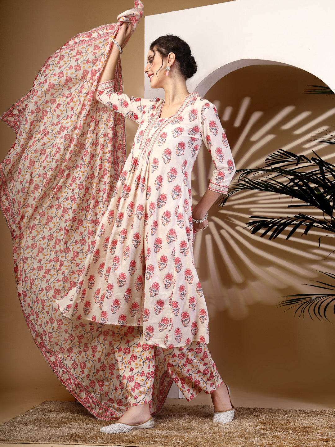 Cotton Calf Length Printed Flared 3/4 Sleeves V Neck Kurta, Bottom With Dupatta