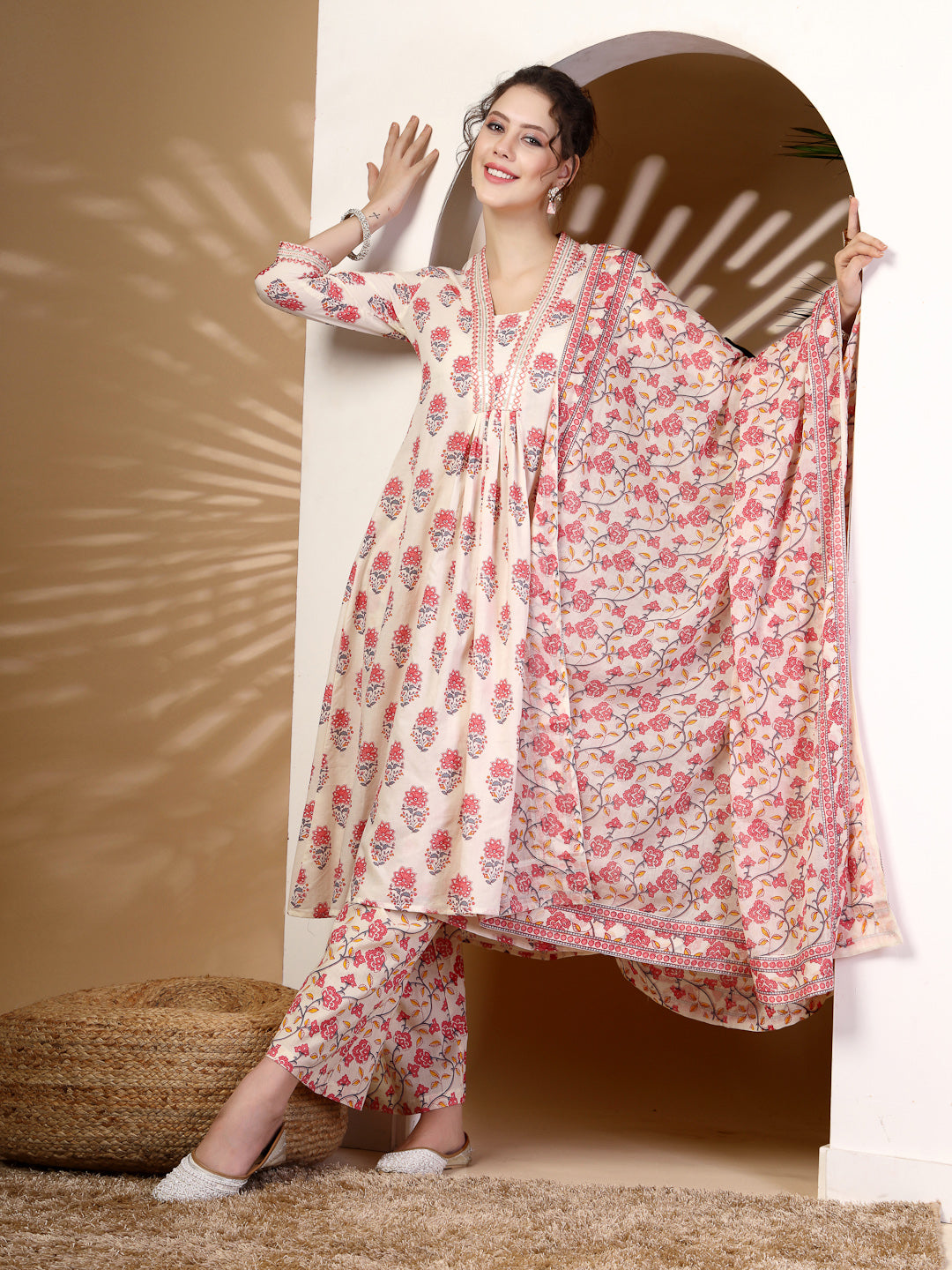 Cotton Calf Length Printed Flared 3/4 Sleeves V Neck Kurta, Bottom With Dupatta (Preorder)