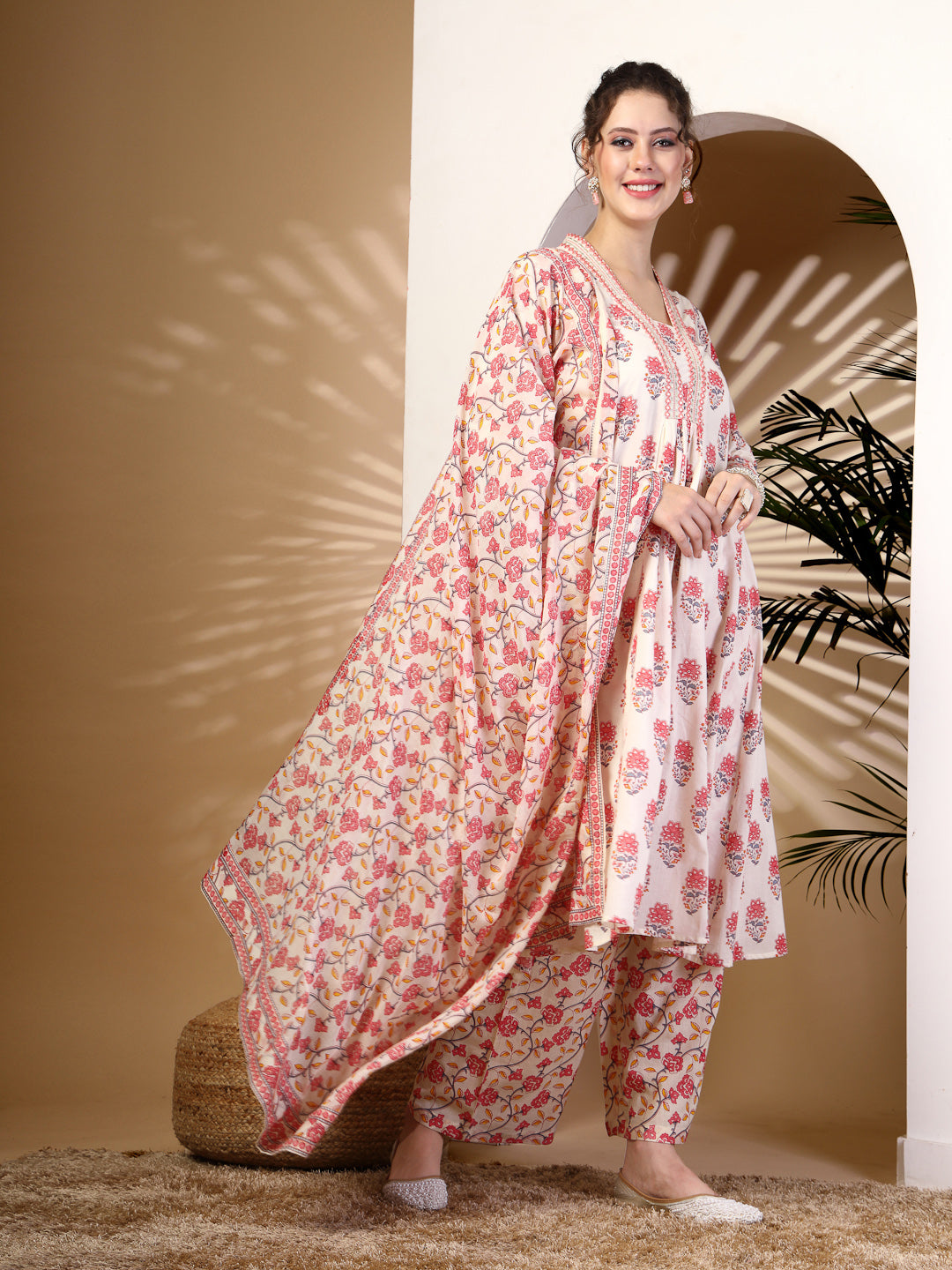 Cotton Calf Length Printed Flared 3/4 Sleeves V Neck Kurta, Bottom With Dupatta (Preorder)