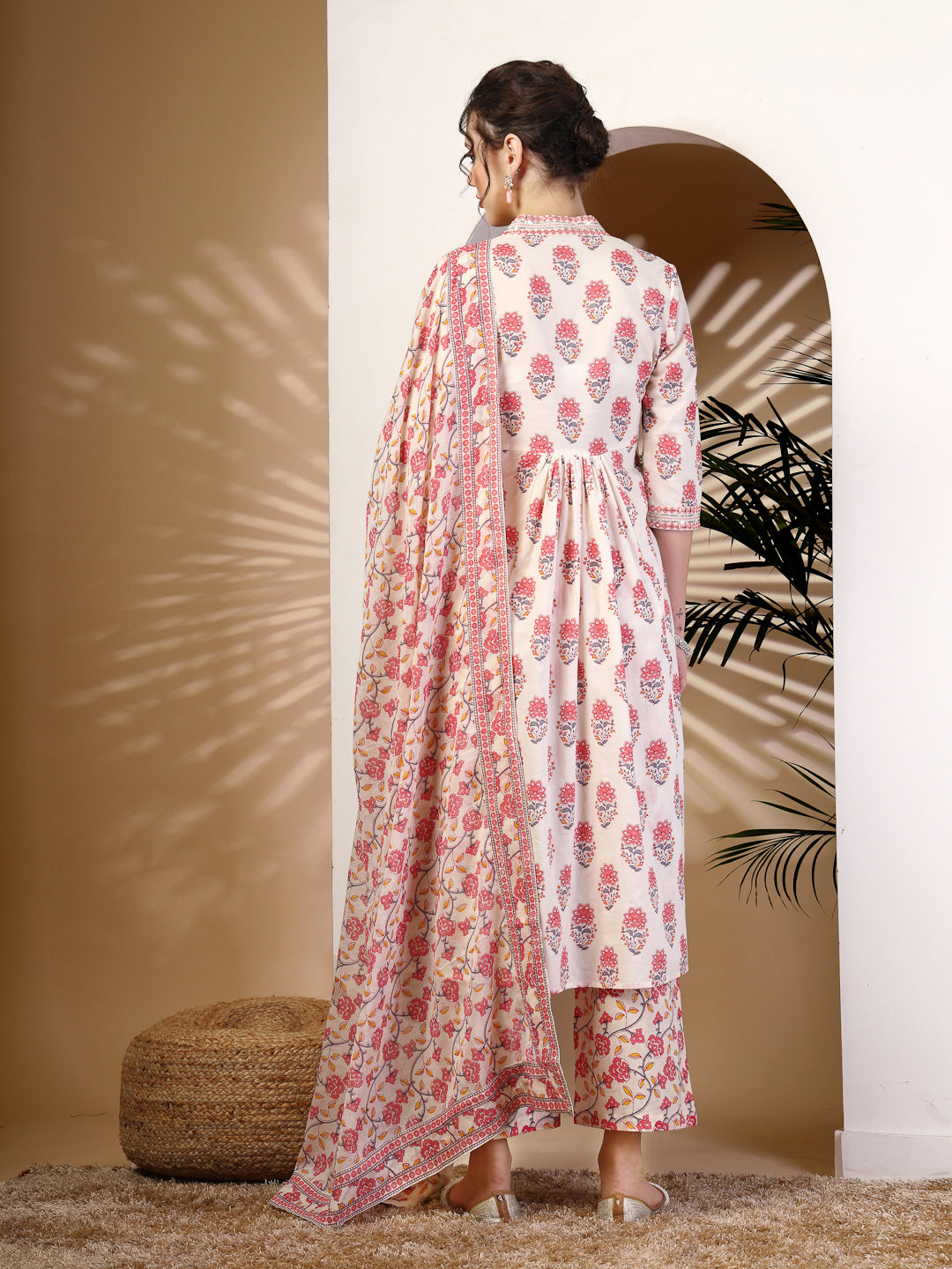 Cotton Calf Length Printed Flared 3/4 Sleeves V Neck Kurta, Bottom With Dupatta (Preorder)