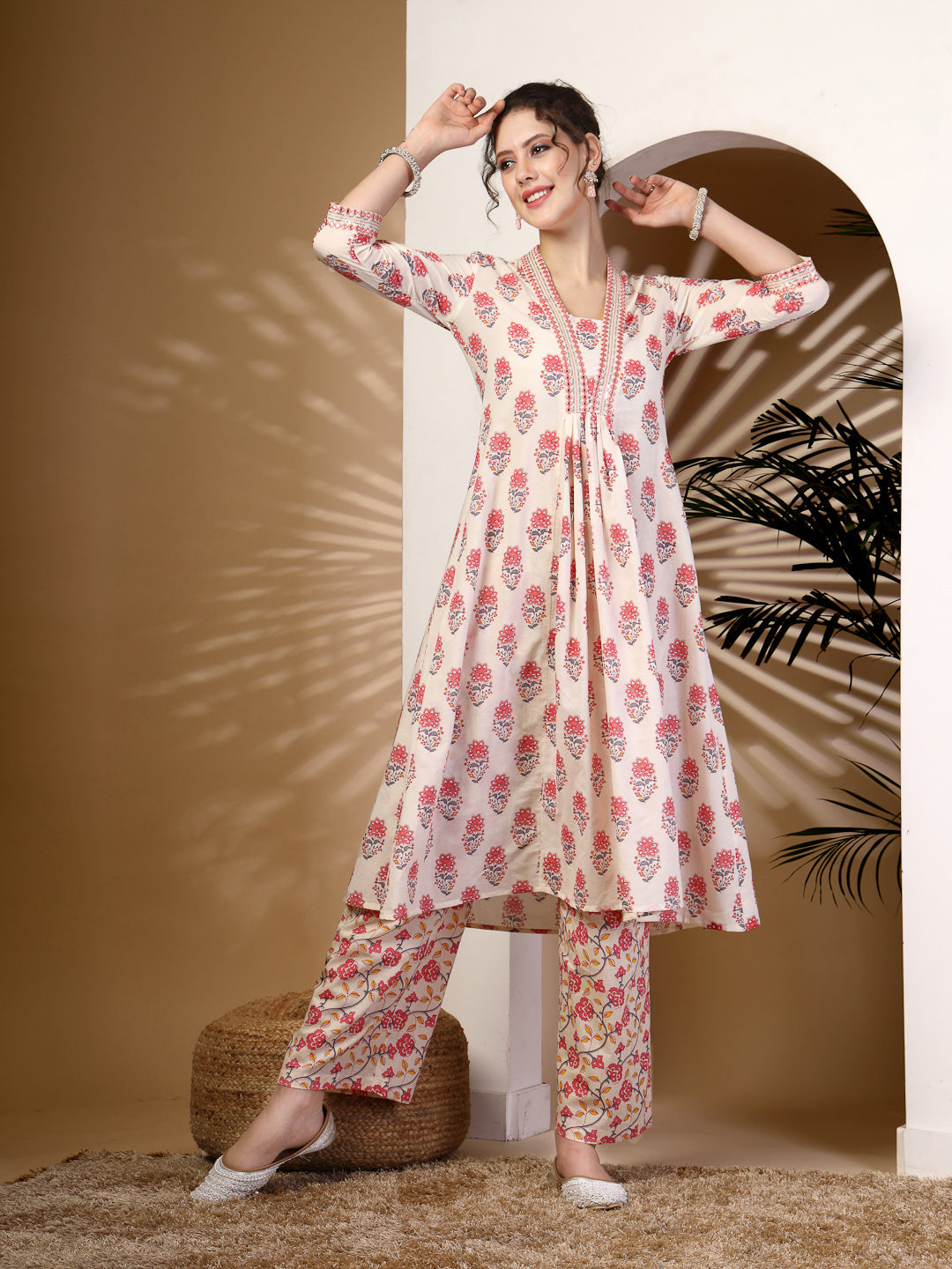 Cotton Calf Length Printed Flared 3/4 Sleeves V Neck Kurta, Bottom With Dupatta
