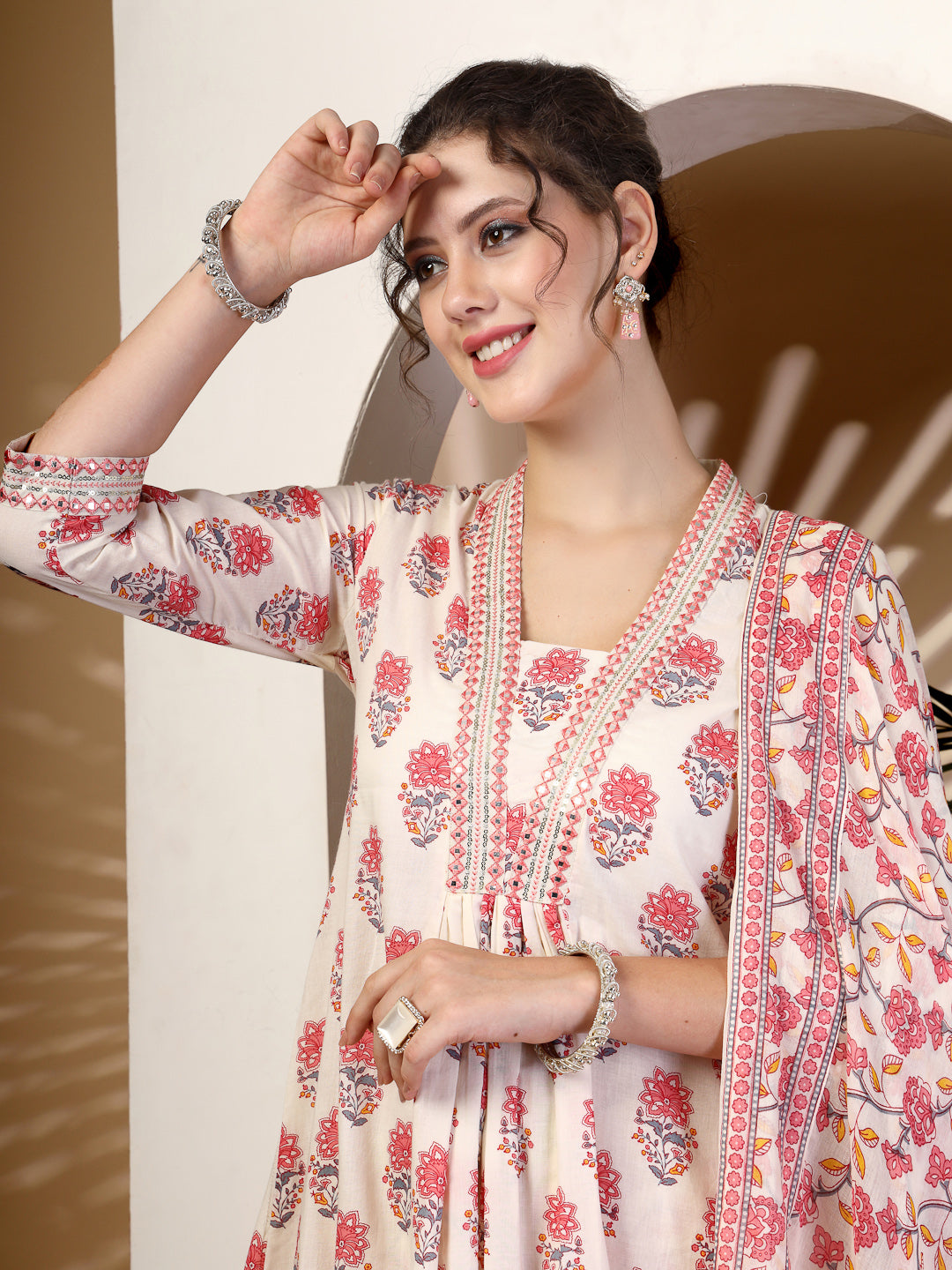 Cotton Calf Length Printed Flared 3/4 Sleeves V Neck Kurta, Bottom With Dupatta