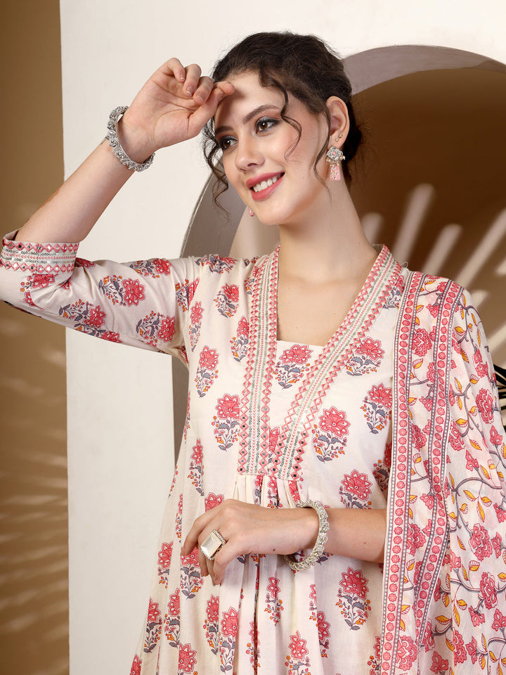 Cotton Calf Length Printed Flared 3/4 Sleeves V Neck Kurta, Bottom With Dupatta