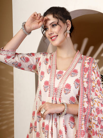 Cotton Calf Length Printed Flared 3/4 Sleeves V Neck Kurta, Bottom With Dupatta (Preorder)