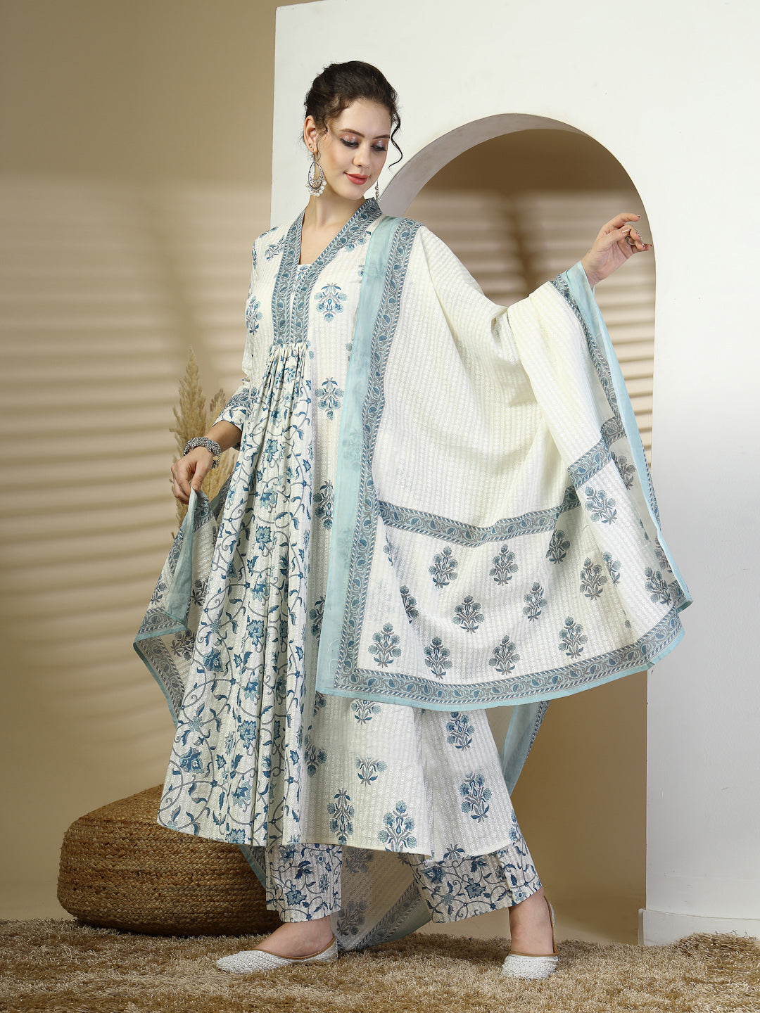 Cotton Calf Length Printed Flared 3/4 Sleeves V Neck Kurta, Bottom With Dupatta (Preorder)