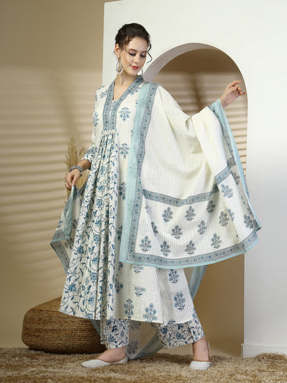 Cotton Calf Length Printed Flared 3/4 Sleeves V Neck Kurta, Bottom With Dupatta (Preorder)
