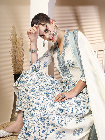 Cotton Calf Length Printed Flared 3/4 Sleeves V Neck Kurta, Bottom With Dupatta (Preorder)
