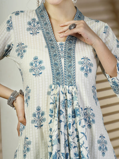 Cotton Calf Length Printed Flared 3/4 Sleeves V Neck Kurta, Bottom With Dupatta (Preorder)
