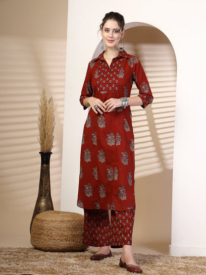 Cotton  Calf Length Printed Straight 3/4 Sleeves Coller Kurta Bottom Set