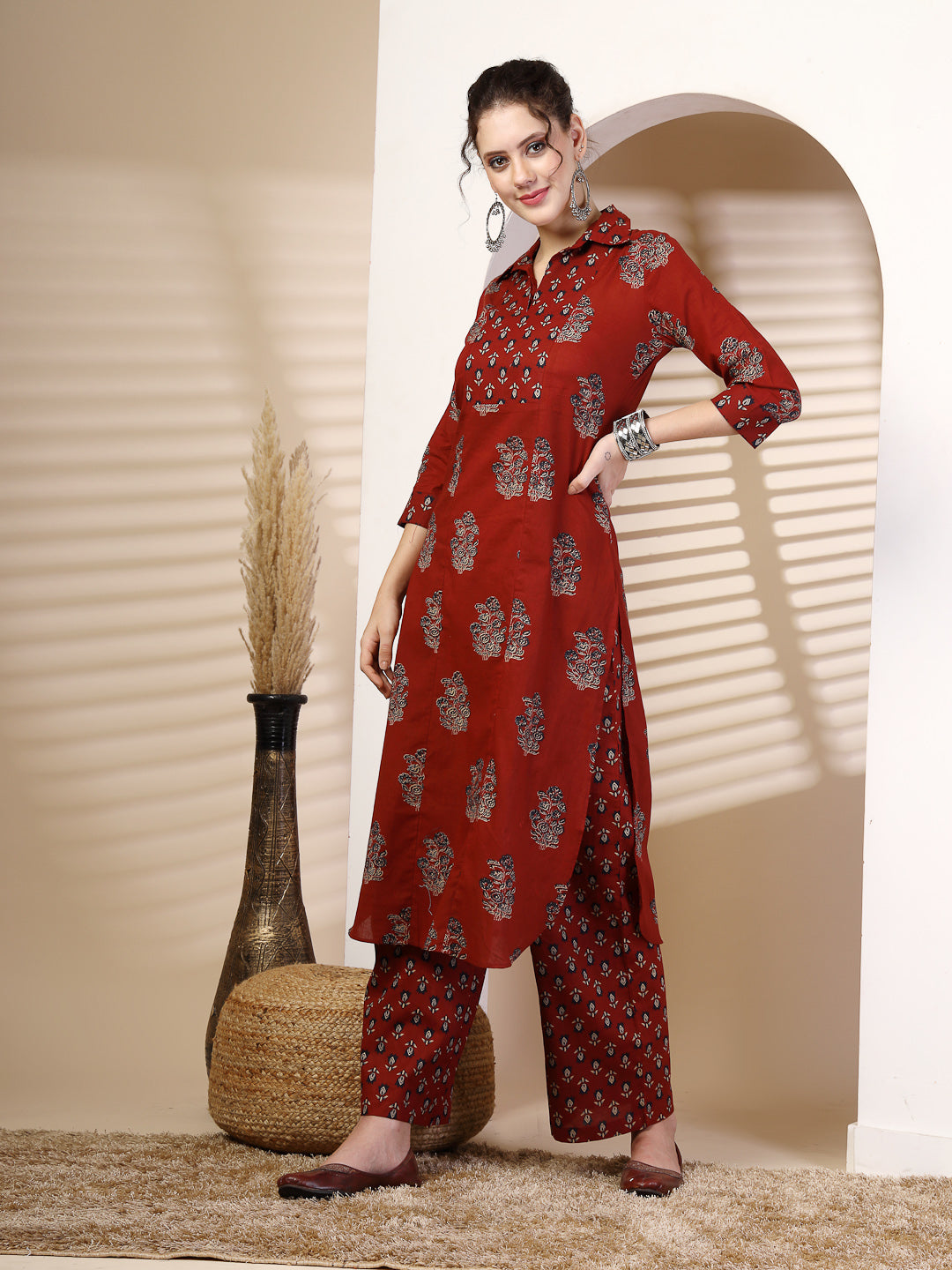 Cotton  Calf Length Printed Straight 3/4 Sleeves Coller Kurta Bottom Set