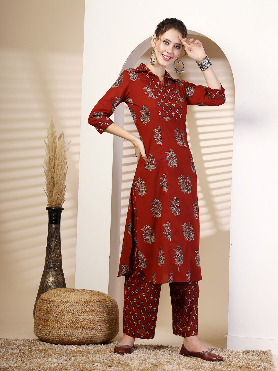 Cotton  Calf Length Printed Straight 3/4 Sleeves Coller Kurta Bottom Set