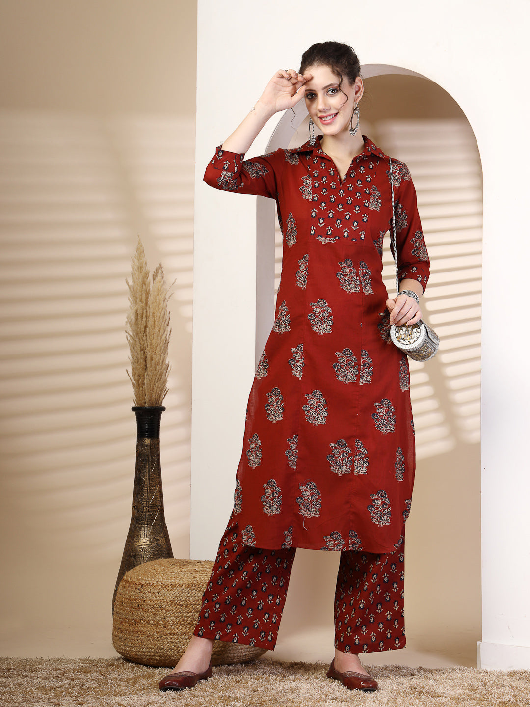 Cotton  Calf Length Printed Straight 3/4 Sleeves Coller Kurta Bottom Set (Preorder)