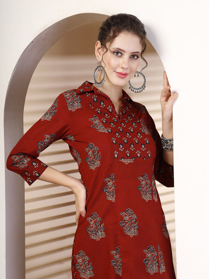 Cotton  Calf Length Printed Straight 3/4 Sleeves Coller Kurta Bottom Set