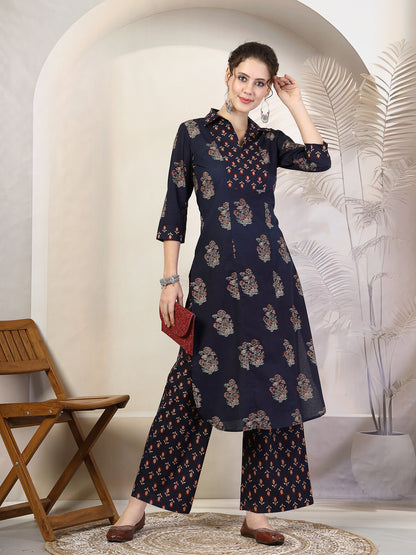 Black Cotton  Calf Length Printed Straight 3/4 Sleeves Coller Kurta Bottom Set