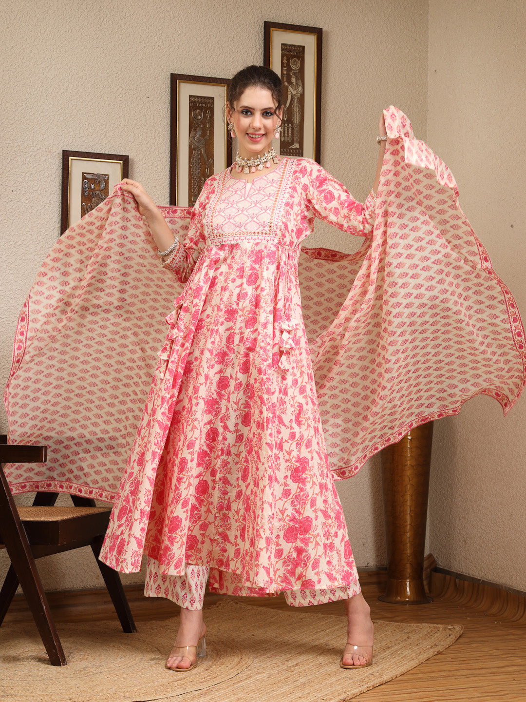 Cotton Calf Length Printed Flared 3/4 Sleeves Round Kurta, Bottom With Dupatta
